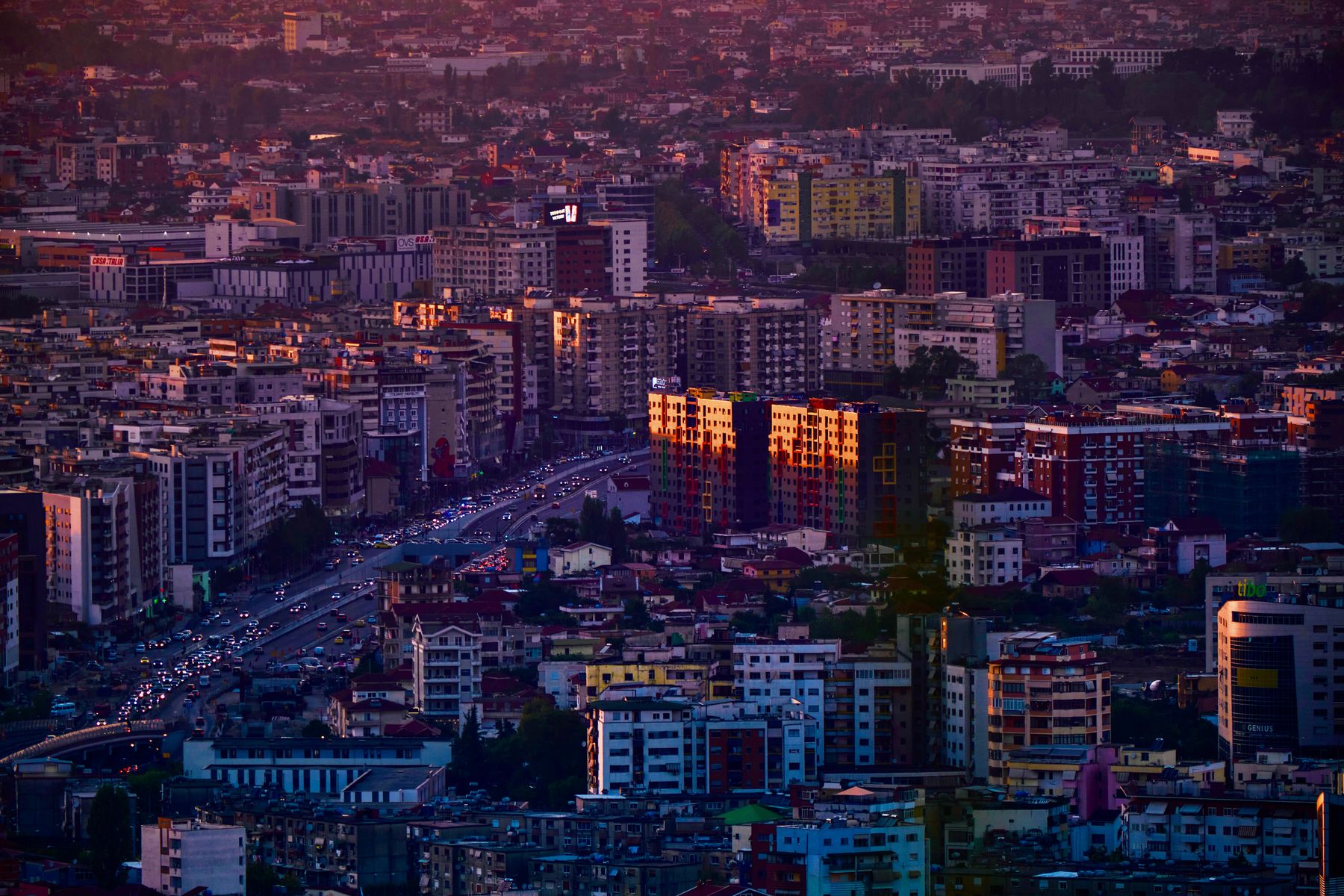 Aerial view of Tirana at golden hour